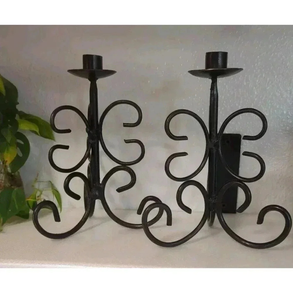 Pair Art Deco 3 Leg Wrought Iron Candle Stick Holders C-Scroll Swirl Black Décor